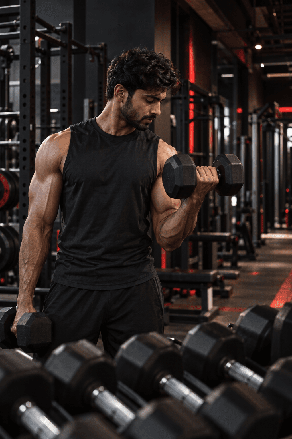 Athlete training with dumbbells at One More Rep gym